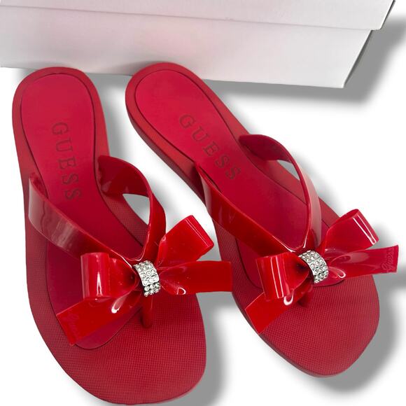GUESS Tutu Eva Fashion Bow Detail Rhinestone Flip Flops Size 7 Red Fancy Sandals - Picture 7 of 11